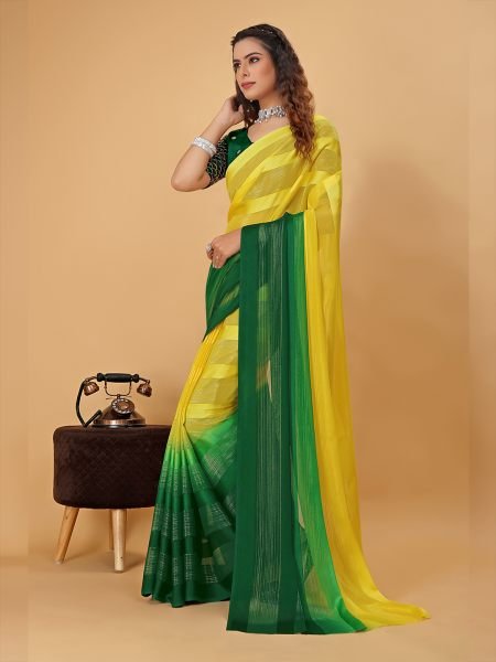 Yellow Green Plain Satin Striped Georgette Saree Designer Sarees