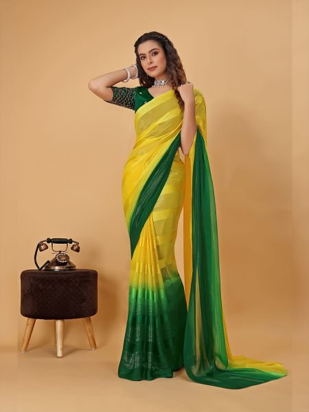 Yellow Green Plain Satin Striped Georgette Saree Designer Sarees