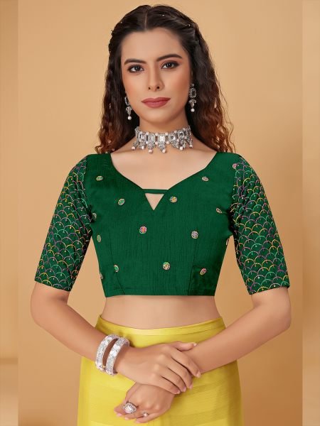 Yellow Green Plain Satin Striped Georgette Saree Designer Sarees