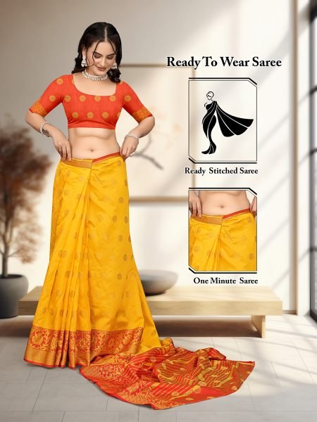 Yellow Ready To Wear Cotton Silk Woven Zari Jacquard Banarasi Traditional Saree Kanjivaram Sarees
