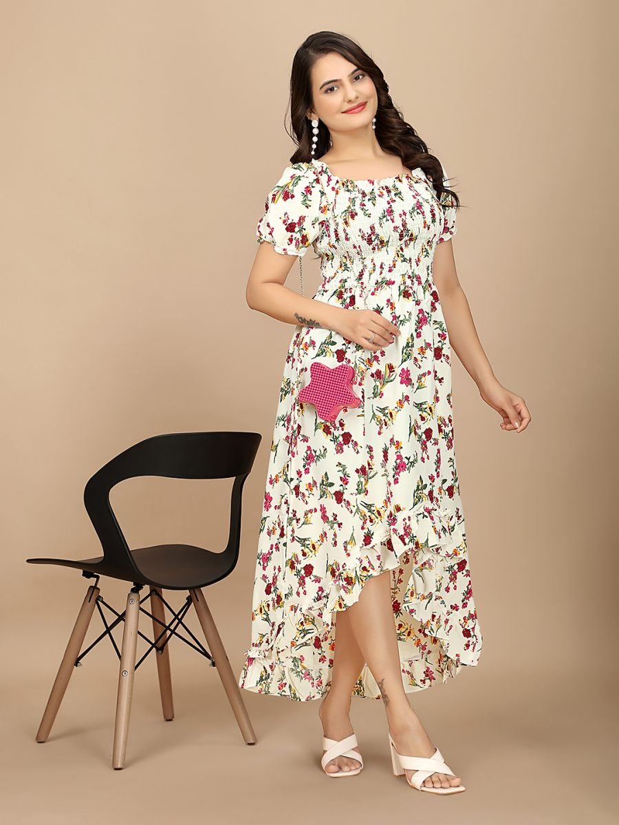 White Floral Elegance Puff Sleeve High Low Maxi Dress with Elastic Closure 
