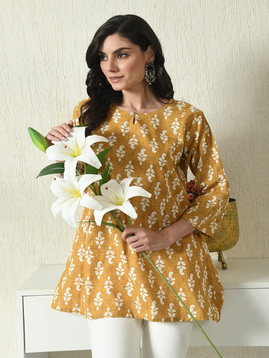 Yellow Floral Printed Cotton Blend Top with Keyhole Neck Kurtis & Tunics